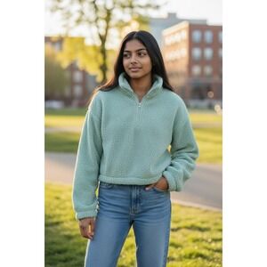 Women's SO Teal Faux Sherpa Teddy Zip Jacket Cozy Cropped Fit Size XL